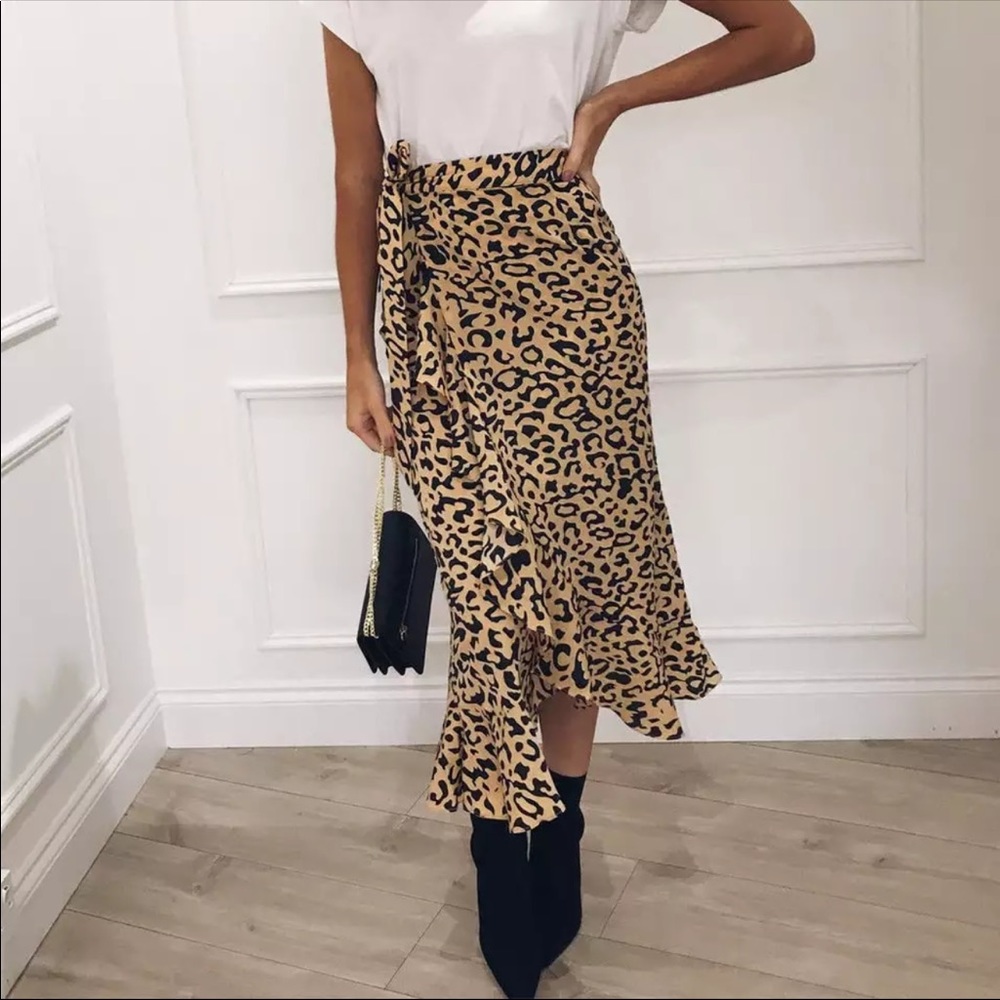 1 Left! Ruffle Faux Wrap Leopard Maxi Skirt Tie - Picture 4 of 7